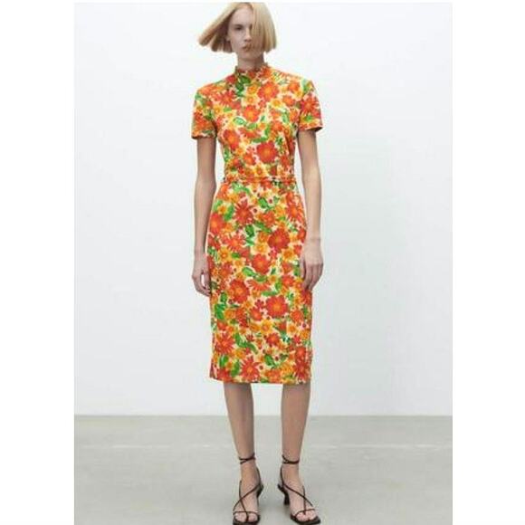 ZARA Floral Short Sleeve Mock Neck Jacquard Straight Sheath Midi Dress Size S - Picture 15 of 16